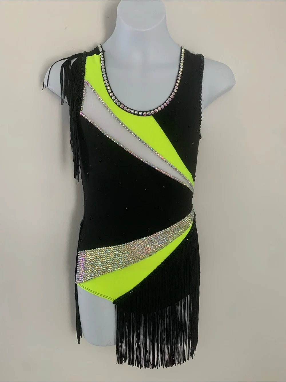 Child's Fringe Dance Costume: Black, Yellow, Rhinestone Acro Jazz MT Outfit
